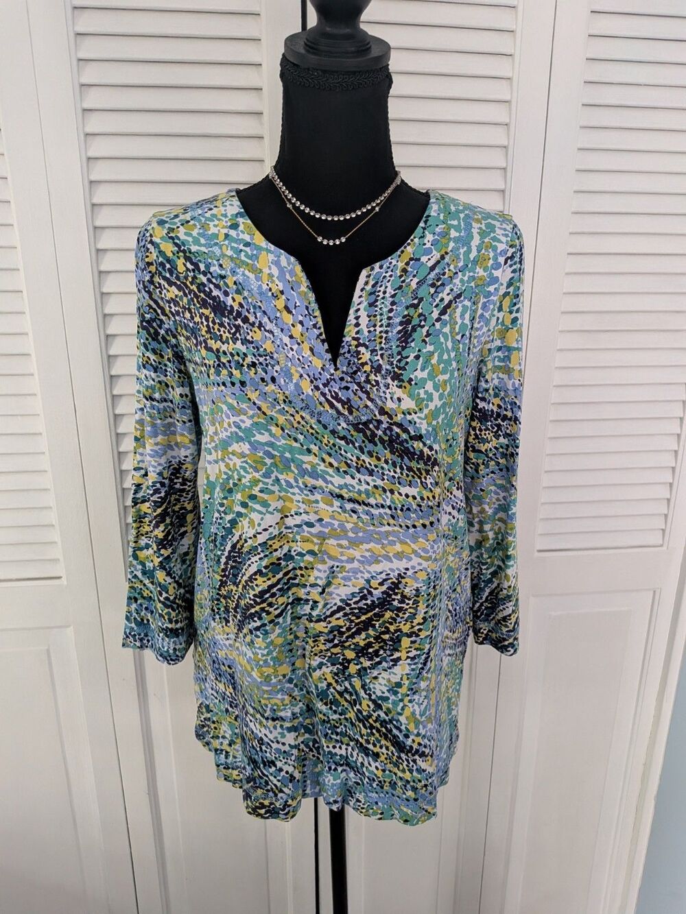 Pappagallo Knit Top Womens S Art To Wear Blue Green Swirl Abstract Blouse Resort